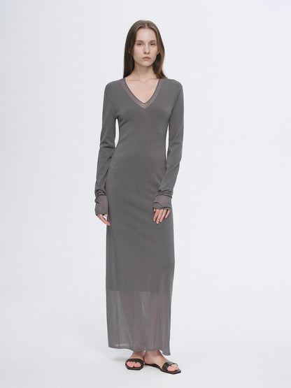 Virella Mesh‑Splice V‑Neck Dress