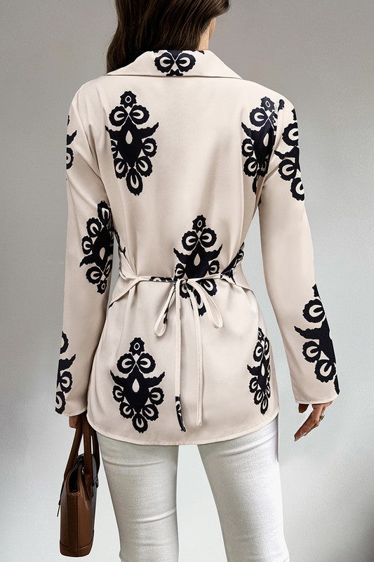 Print Button Cross Asymmetrical Hem Fit Blouse