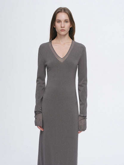 Virella Mesh‑Splice V‑Neck Dress