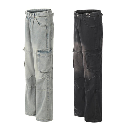 Punk Old Wash Denim Cargo Pants Trousers Men