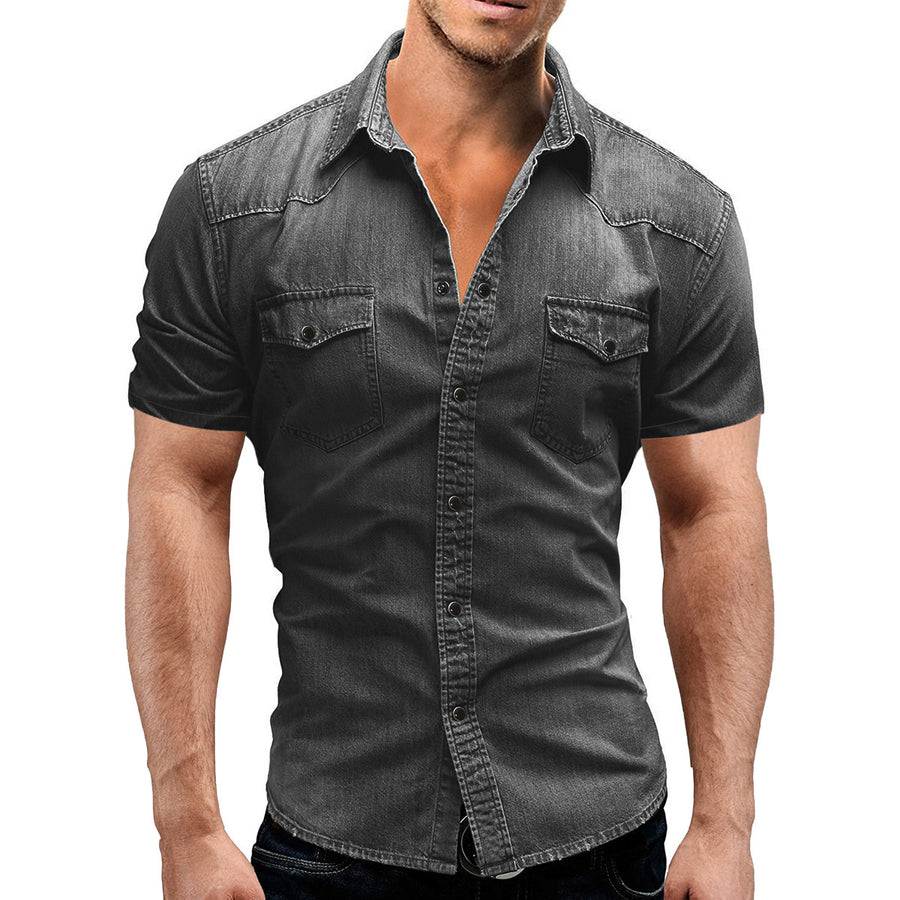 Casual Solid Color Men's Denim Short Sleeve Shirt