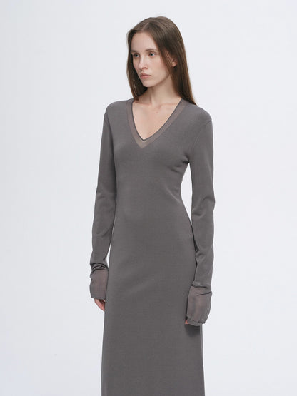 Virella Mesh‑Splice V‑Neck Dress