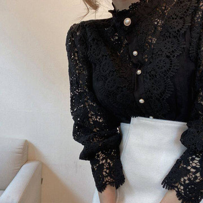 Elegant Women's Vintage Pearl Button Lace Blouse