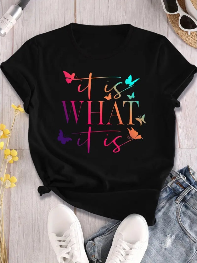 Alphabet Butterfly Gradient Print T-Shirt For Women