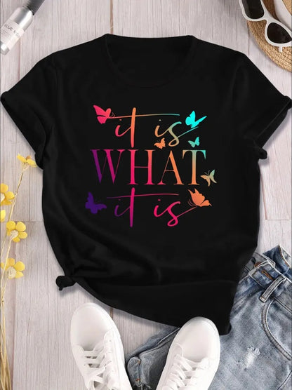 Alphabet Butterfly Gradient Print T-Shirt For Women