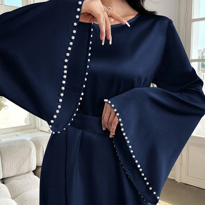 Elegant Round Neck Solid Color Flared Maxi Dress Long Sleeve With Pearl Cuff Detail, Modest A-Line Middle Eastern Abaya Party & Vacation Dress For Women