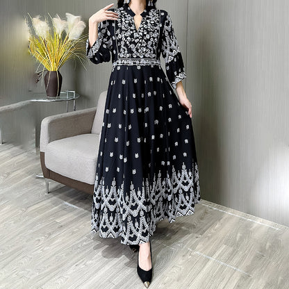 Women's Bohemian Embroidery V-neck Dress, Elegant 3 4 Sleeve A-line Swing Maxi Dress