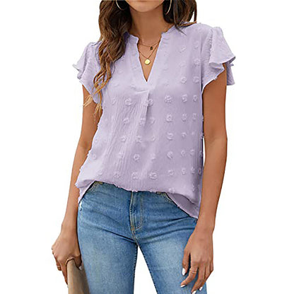 Women's V Neck Ruffle Short Sleeve Blouse Business Office Casual Top Shirts