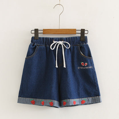 Strawberry loose wide-leg short jeans for women