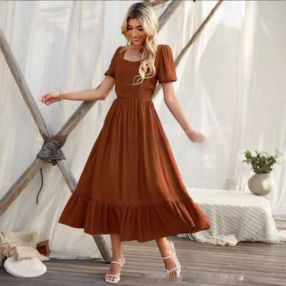 Women's Clothing Round-neck High Waist Solid Color Casual Patchwork Long Dress Women