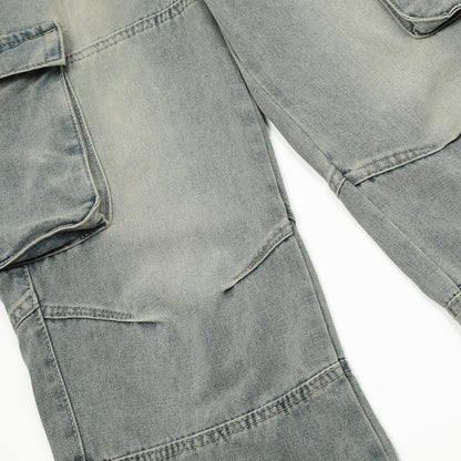 Punk Old Wash Denim Cargo Pants Trousers Men
