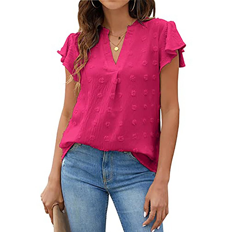 Women's V Neck Ruffle Short Sleeve Blouse Business Office Casual Top Shirts