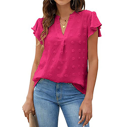 Women's V Neck Ruffle Short Sleeve Blouse Business Office Casual Top Shirts