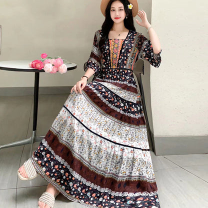 Summer Vintage Cotton Silk Ethnic Style Embroidered Dress Women