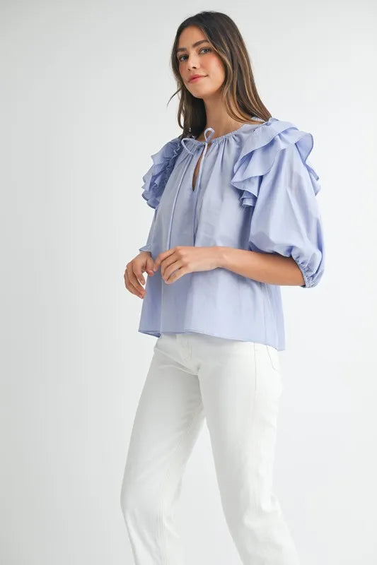 MABLE Stripe Ruffle Shoulder Puff Sleeve Blouse