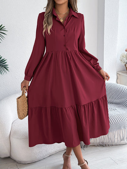 Women's Lapel Casual Loose Long Sleeve Ruffled Shirt Dresses