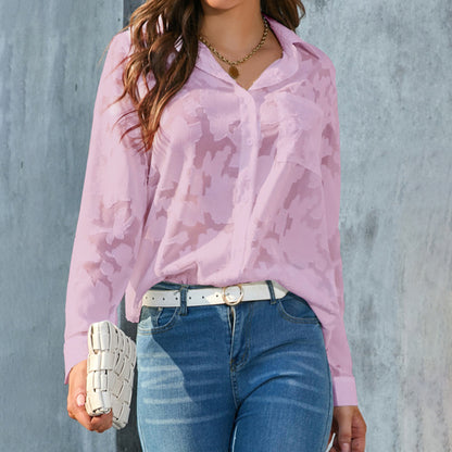 Women's Casual Sheer Button Down Shirts Long Sleeve V Neck Jacquard Blouses Tops