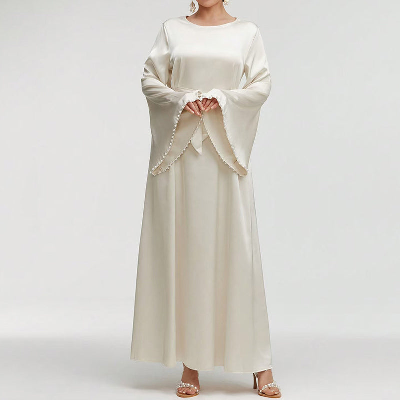 Elegant Round Neck Solid Color Flared Maxi Dress Long Sleeve With Pearl Cuff Detail, Modest A-Line Middle Eastern Abaya Party & Vacation Dress For Women