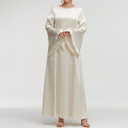 Elegant Round Neck Solid Color Flared Maxi Dress Long Sleeve With Pearl Cuff Detail, Modest A-Line Middle Eastern Abaya Party & Vacation Dress For Women