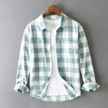 Long Sleeve Loose Plaid Lapel Casual Men's Shirt All-match Simple Cardigan
