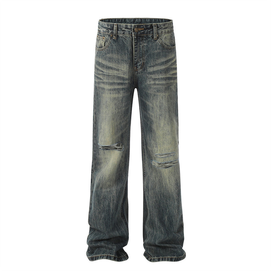 Washing Hole Denim Straight-leg Trousers Men