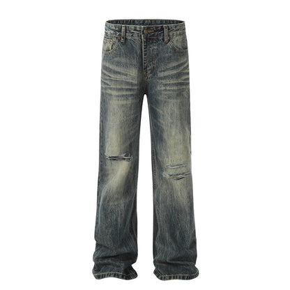 Washing Hole Denim Straight-leg Trousers Men