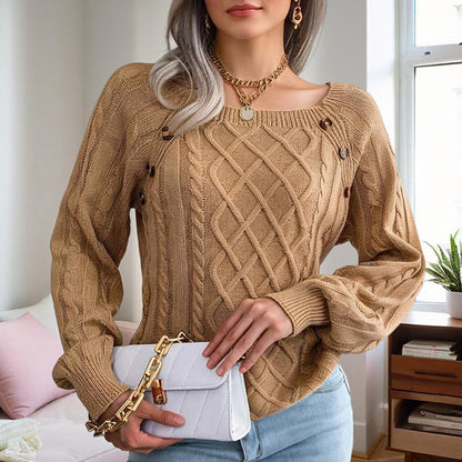 Women's Solid Color Casual Square Neck Button-Detail Knit Top - Textured Ribbed Pattern, Cozy Sweater