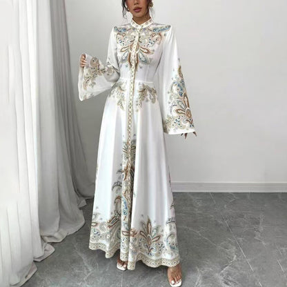 Elegant High-Neck Floral Maxi Dress - Long Flowy Sleeves, Modest A-Line Middle Eastern Style Gown Vacation & Party Dress For Women