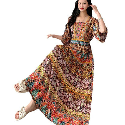Summer Vintage Cotton Silk Ethnic Style Embroidered Dress Women