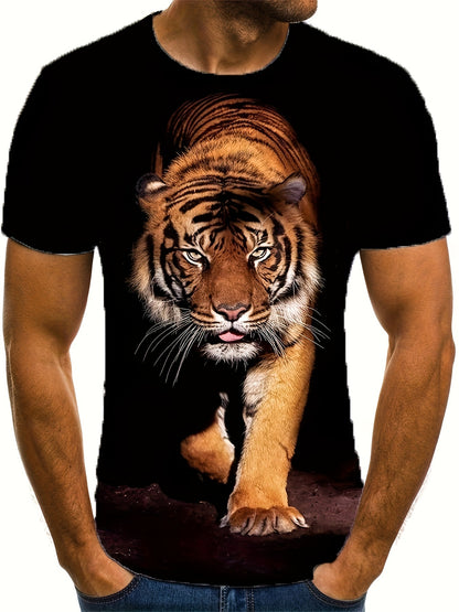 3D Tiger Printed Men's Fashionable Short Sleeved Round Neck T-shirt