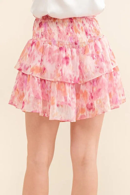 And The Why Printed Lurex Smocked Waist Tiered Skort