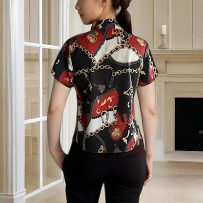 Women's Lapel Collar Short Sleeve Shirt - Chain Print Design, Button-Up Casual Top Comfortable