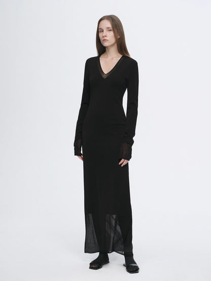 Virella Mesh‑Splice V‑Neck Dress
