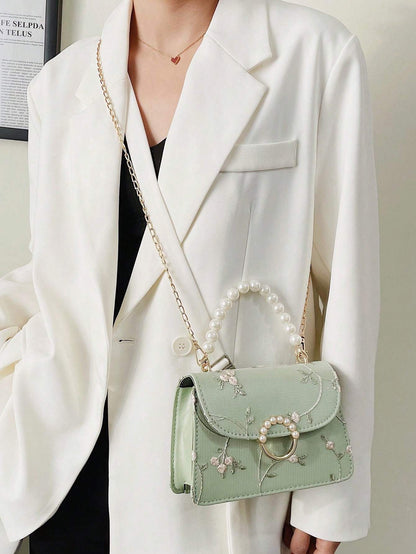 Fashionable Small Square Bag – Pearl Handle Shoulder & Crossbody