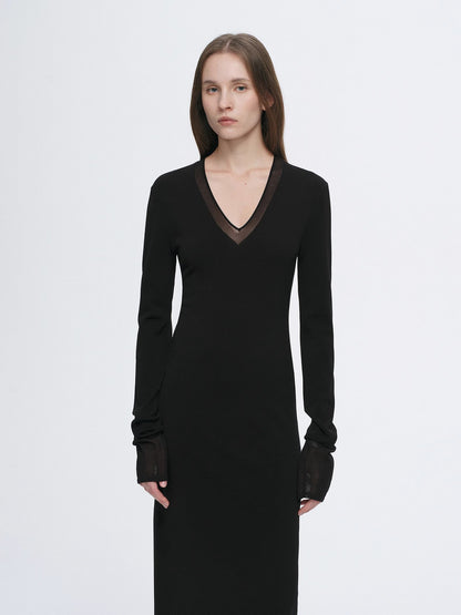 Virella Mesh‑Splice V‑Neck Dress