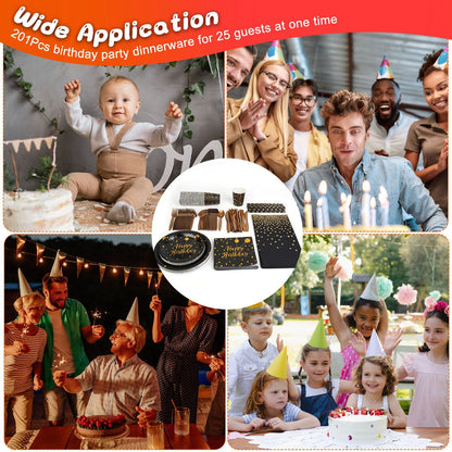 201PCS Black Gold Birthday Party Supplies For 25 Guests