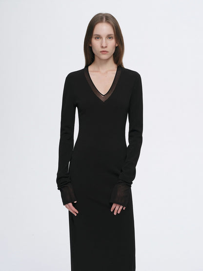 Virella Mesh‑Splice V‑Neck Dress