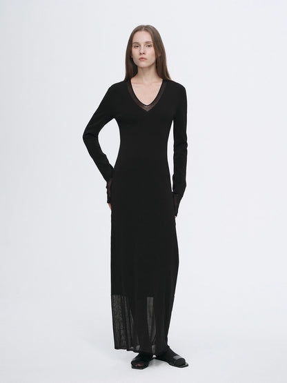 Virella Mesh‑Splice V‑Neck Dress