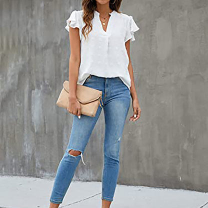 Women's V Neck Ruffle Short Sleeve Blouse Business Office Casual Top Shirts