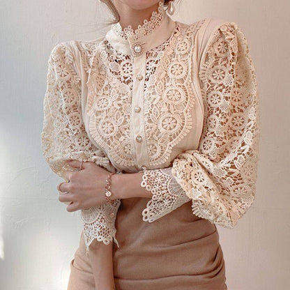 Elegant Women's Vintage Pearl Button Lace Blouse