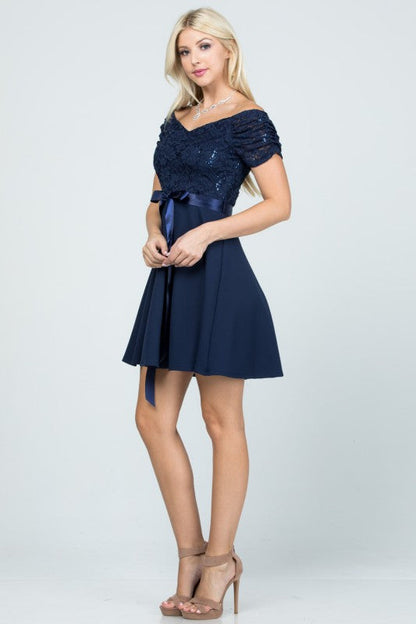 Flare dress with waist satin sash casual