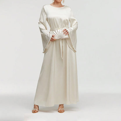 Elegant Round Neck Solid Color Flared Maxi Dress Long Sleeve With Pearl Cuff Detail, Modest A-Line Middle Eastern Abaya Party & Vacation Dress For Women