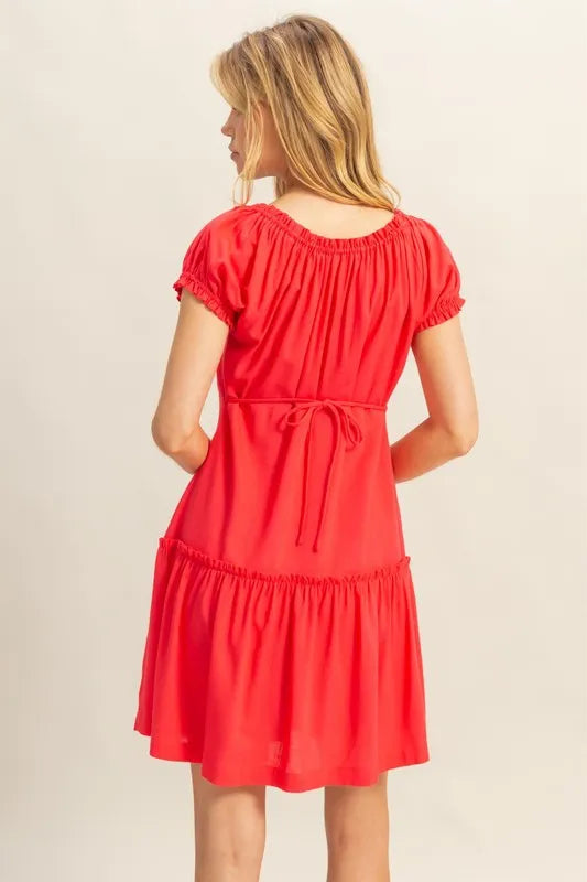 HYFVE Ruched Frill Tiered Short Sleeve Mini Dress