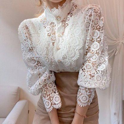Elegant Women's Vintage Pearl Button Lace Blouse