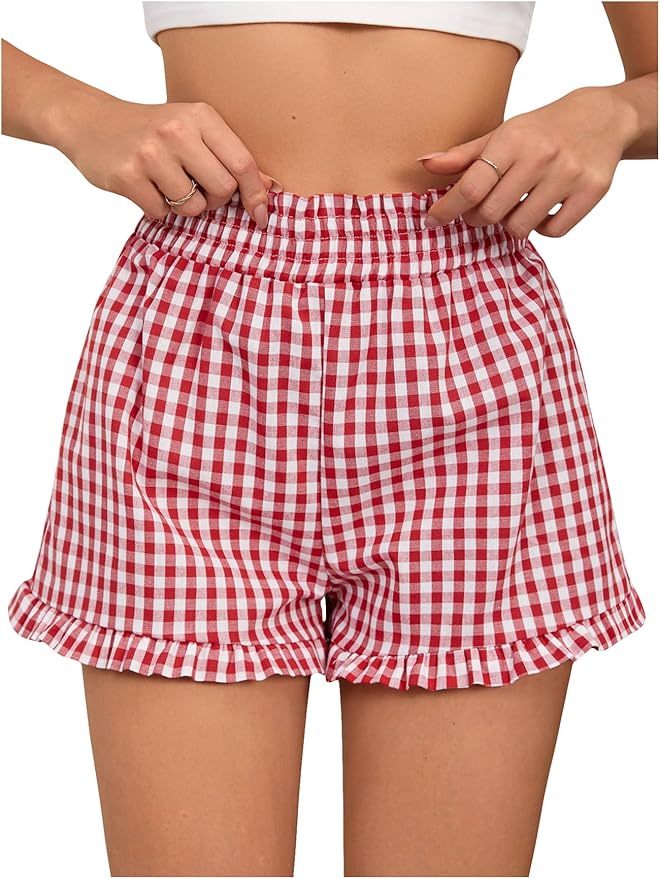 Women's Plaid Print Patched Decor Button Front Elastic Waist Shorts