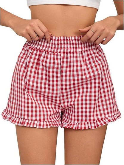 Women's Plaid Print Patched Decor Button Front Elastic Waist Shorts