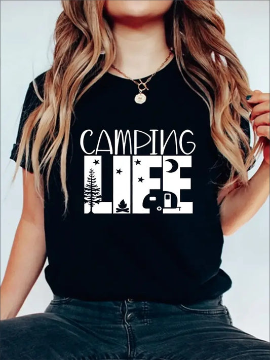Camping Life Graphic Print Solid T-Shirt
