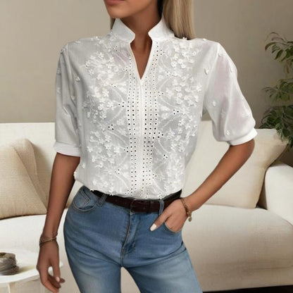 Women's V-Neck Embroidered Lace Short Sleeve Top