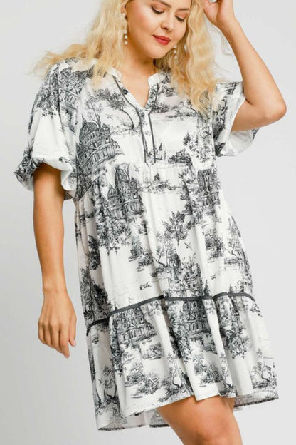 Umgee Full Size Two Tone Landscape Print Dress Plus Size