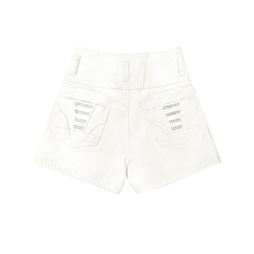 White High Waist Button Shorts Slim Fit Stretch Denim